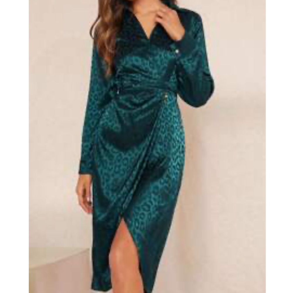 Teal Leopard Print Long Sleeve Dress